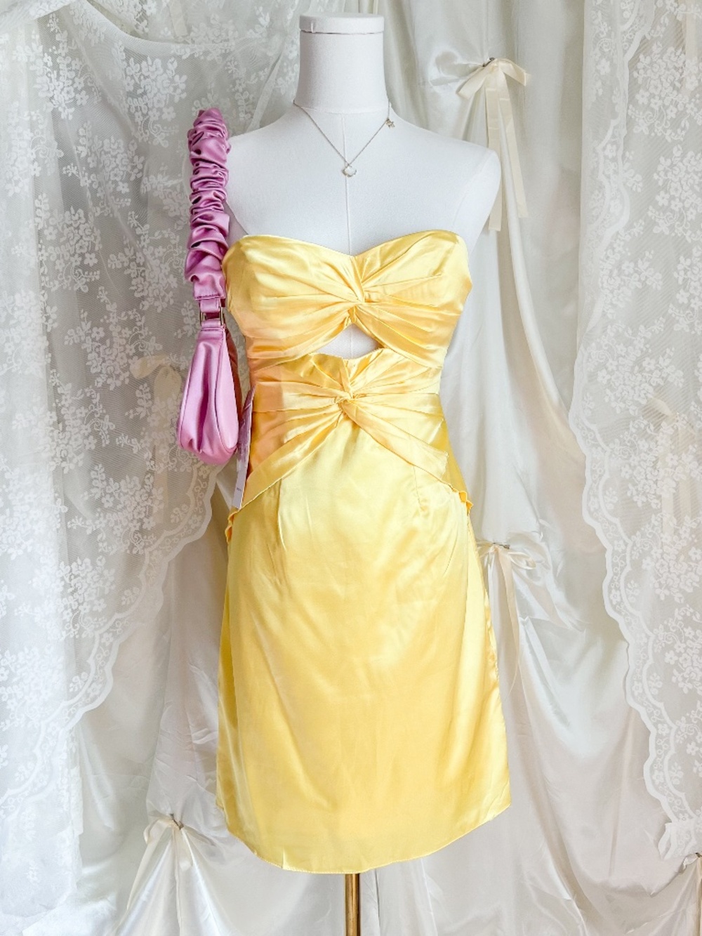 NWT Yellow Satin Twist Front Cutout Mini Dress | Y2K Barbie Summer Party